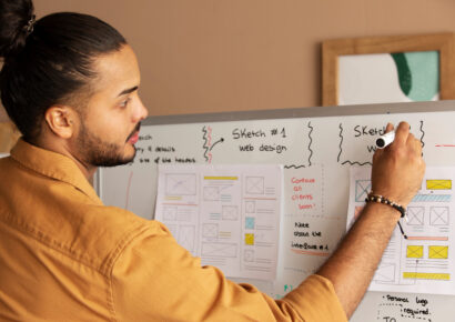 2149930947 Designer brainstorming web design layout on whiteboard.