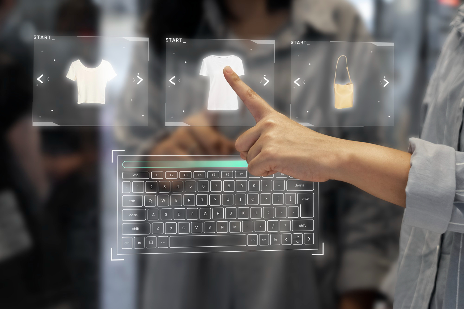 Person interacting with virtual garment selection interface.