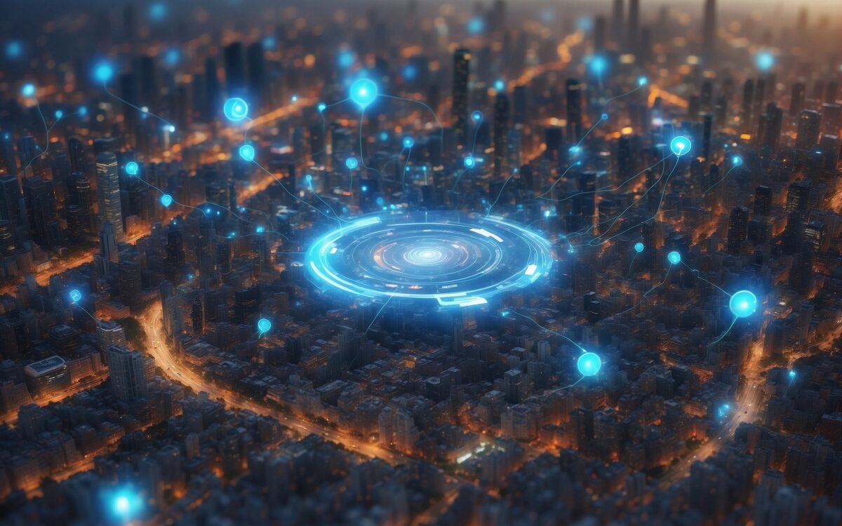 Futuristic city with digital network overlay at night.