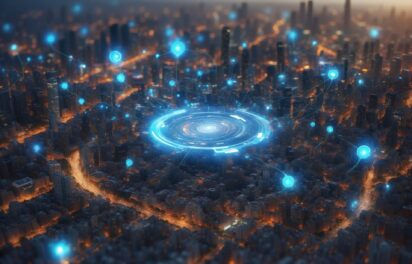 Futuristic city with digital network overlay at night. Futuristic city with digital network overlay at night.